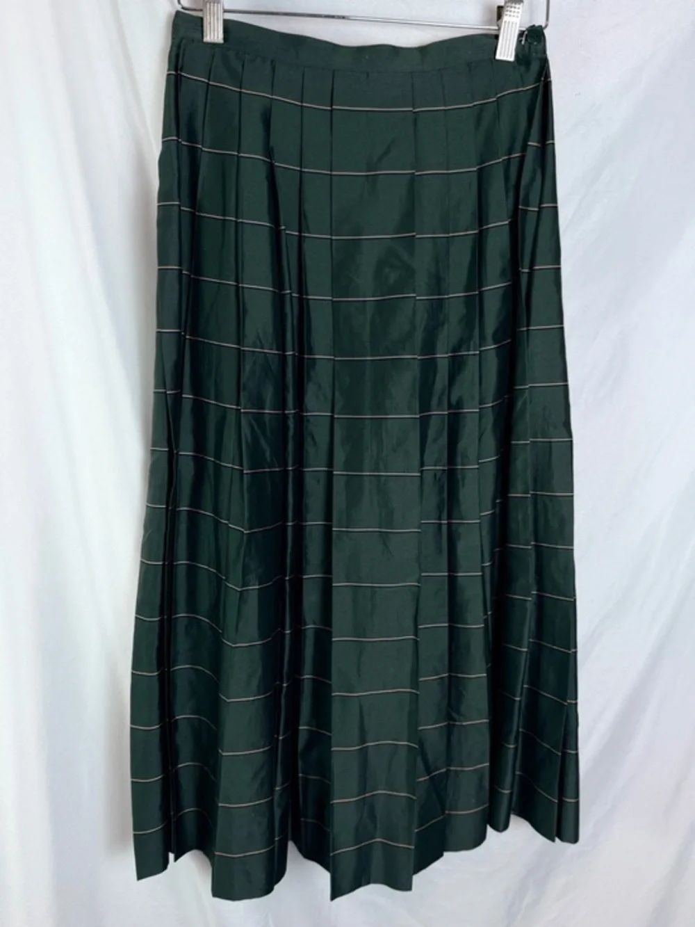 Vintage Perry Ellis Dark Green Pleated Midi Skirt Striped Silk Blend Size 8